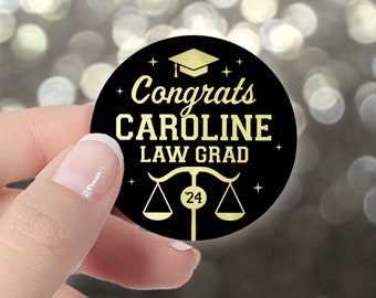 Personalized Law Degree Graduation Circle Stickers | Name and Year Law School Graduate Party Favor Labels Scale of Justice Party Decor