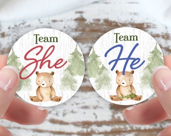 Woodland Bear Baby Gender Reveal Team He or Team She Stickers - 40 Labels, Rustic Outdoor Gender Reveal Party Team Boy or Team Girl Stickers