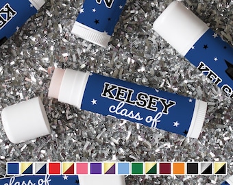 Personalized Graduation Lip Balm Wrapper Sticker - Add Name and Year, Party Favors Table Decor Class of 2024 Label- 16 School Colors