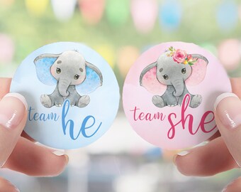 Pegatinas de elefante para revelar el sexo del bebé, paquete de 40 unidades, redondas de 4,4 cm (1,75"), 20 del equipo "Él" y 20 del equipo "Ella", etiquetas de votación, temática de Little Peanut.