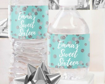 Personalized Teal & Silver Sweet Sixteen Birthday Party Water Bottle Labels - Waterproof Wrappers - Sweet 16 Table Decorations - 24 Stickers