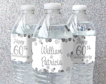 Personalized Silver Wedding Anniversary Water Bottle Labels | 60th Diamond, 25th Silver, 70th Platinum, 10th Tin, Waterproof Wrapper Sticker