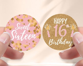 Pink and Gold Sweet 16 Birthday Stickers, Girl Happy 16th Birthday Party Bag Favor Labels, Envelope Seals | 40 Labels