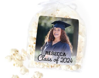 Personalized Photo Graduation Popcorn Chip Stickers Image Name Year Bag Labels - Class of 2024 Grad Party Snack Labels Add Your Own Image