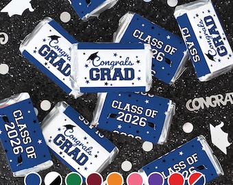 Class of 2026 Graduation Candy Wrappers – Mini Chocolate Bar Sticker Labels, Party Favors (42 Count) - 9 Color Options