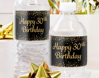 30th Birthday Water Bottle Labels – Black and Gold Stickers (20ct)