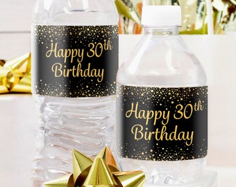 30th Birthday Water Bottle Labels - Black and Gold Birthday Decorations for Him or Her - 24ct Waterproof Sticker Wrappers