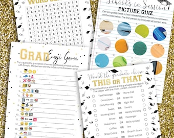Graduation Party Games Bundle - This or That, Emoji Guessing Game, Picture Zoom, Word Search - 4 Fun Activities for 25 Guests
