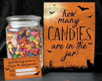 Halloween Guess How Many Candies in the Jar Party Game, Halloween Candy Guessing Game Sign with Cards, Family Halloween Party Activity