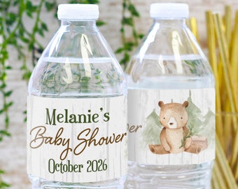 Personalized Woodland Bear Water Bottle Labels - 24 ct, Woodland Forest Baby Shower Party, Fall Theme Water Bottle Wrappers, Waterproof