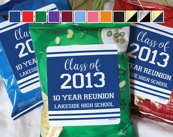 Personalized Class Reunion Stickers Chip Snack Bag Labels | High School College Reunion 10th, 20th, 25th, 30th, 40th, 50th 12 Color Options