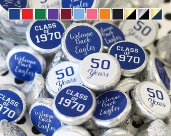 Personalized High School Class Reunion Decor 12 Color Options | Party Favor Stickers for Chocolate Kisses, College Reunion Decorations