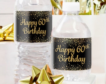 60th Birthday Water Bottle Stickers - Black and Gold Happy 60th Birthday Party Favor Decorations for Him or Her - 24ct Waterproof Labels