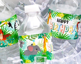 Jungle Animals Birthday Party Water Bottle Labels, 24 Sticker Wrappers, Labels for Safari Theme Party, Elephant Zebra Giraffe