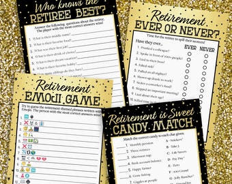 Black and Gold Retirement Party Game Bundle - Set of 4 Games for 20 Guests - Emoji, Candy Match, Ever or Never & Who Knows The Retiree