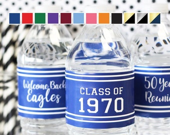 Personalized Class Reunion Decor Water Bottle Labels 12 Color Options | 50th 40th 30th 25th 10th High School or College Waterproof Stickers