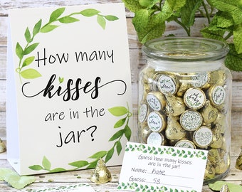 Greenery How Many Kisses in the Jar Party Game, Eucalyptus Theme Guessing Game Sign with Cards, Bridal Wedding Baby Shower Game, 30 ct