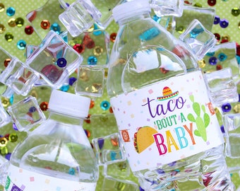 Taco 'bout a Baby Shower Fiesta Water Bottle Label Stickers, 24ct - Fiesta Baby Gender Reveal Decorations - Mexican Themed Couples Shower