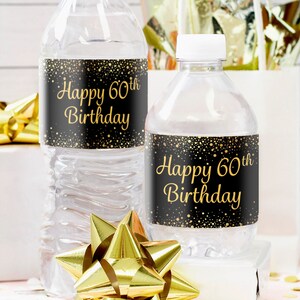 60th Birthday Party Favors, Black and Gold Water Bottle Labels, 20 Count