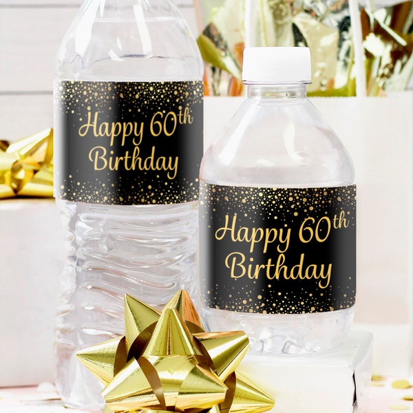 60th Birthday Water Bottle Stickers - Black and Gold Happy 60th Birthday Party Favor Decorations for Him or Her - 24ct Waterproof Labels