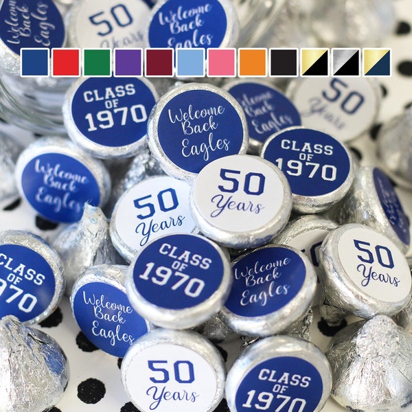 Personalized High School Class Reunion Decor 12 Color Options | Party Favor Stickers for Chocolate Kisses, College Reunion Decorations