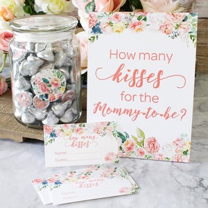 How Many Kisses for the Mommy-to-Be in the Jar Game, Floral Baby Shower Party Game, Guessing Game, Sign and 30 Player Cards