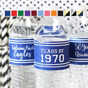 Personalized Class Reunion Decor Water Bottle Labels 12 Color Options | 50th 40th 30th 25th 10th High School or College Waterproof Stickers