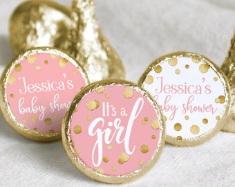 Personalized Pink and Gold Baby Shower Favor Stickers for Chocolate Kisses Candy | Custom Girl Baby Shower Decorations | 180ct Labels