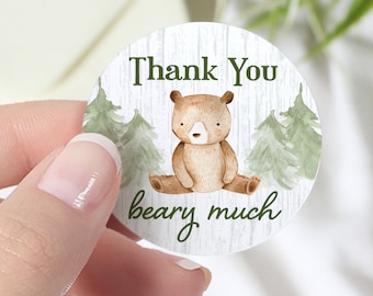 Woodland Bear Thank You Stickers | 1.75” Thank You Beary Much Favor Bag Labels | Rustic Baby Shower Cookie Seal | Woodland Birthday Party