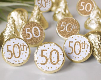 50th Birthday Decorations - White and Gold Happy 50th Birthday Party Favors for Him or Her, Sticker Labels for Chocolate Drop Kisses - 180ct