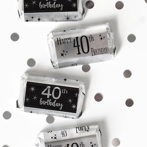 40th Birthday Candy Wrappers for Miniature Chocolates Stickers, Black and Silver Happy Birthday Party Favors, Shiny Foil Decoration - 45 ct
