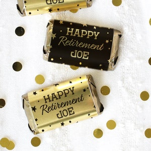 Personalized Retirement Party Black and Gold Foil Mini Candy Bar Labels | Party  Favor Wrappers for Miniature Chocolates, 45 or 250 Stickers