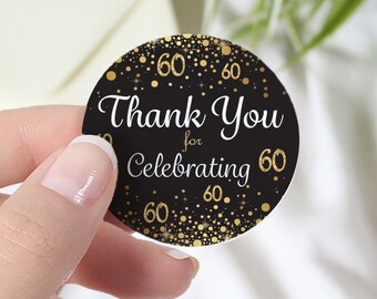 60th Birthday Thank You Stickers | 1.75” Black and Gold Birthday Party Favor Gift Bag Labels | Candle Favor Stickers | Cookie Labels | 40ct