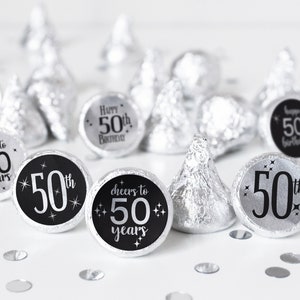 50th Birthday Party Favor Stickers: Silver Foil Candy Labels