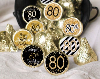 80th Birthday Decorations - Black and Gold 80th Birthday Party Favors for Him or Her - Label Stickers for Chocolate Kisses - 180 Stickers