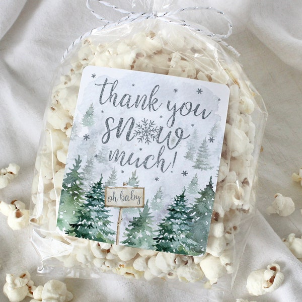 Baby it's Cold Outside Baby Shower Party Favor Popcorn Bag Stickers | Thank You Snow Much Winter Wonderland Evergreen Trees Snack Bag Labels