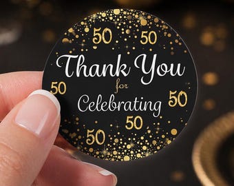 50th Birthday Thank You Stickers, 1.75” Black and Gold Birthday Party Favor Bag Labels, 50 Years Thank You Stickers for Him or Her, 40ct
