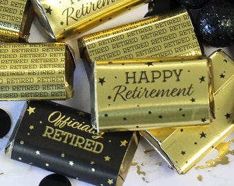 Retirement Party Mini Candy Bar Wrapper Stickers, Black Gold Happy Retirement Favor, Mini Chocolate Wrapper, 45 Labels