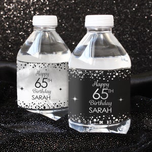 Personalized Birthday Water Bottle Labels | Custom Black and Silver Birthday Party Favor Decorations | Shiny Silver Foil | 24ct Stickers