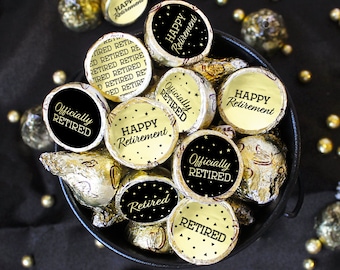 Retirement Party Labels for Chocolate Kisses, Black and Gold Happy Retirement Favors, Shiny Foil Retirement Party Decorations, 180 Stickers