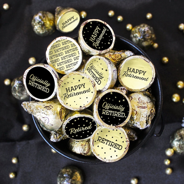Retirement Party Labels for Chocolate Kisses, Black and Gold Happy Retirement Favors, Shiny Foil Retirement Party Decorations, 180 Stickers