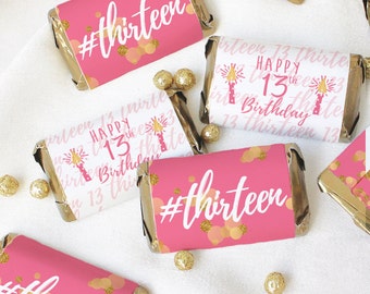 Pink & Gold 13th Birthday Candy Stickers, Party Favors (42ct)