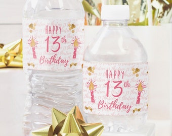 13th Birthday Party Water Bottle Labels, Pink and Gold | Happy 13th Birthday Stickers, Decoration, Favor Idea, 13th Bday Girl - 24ct