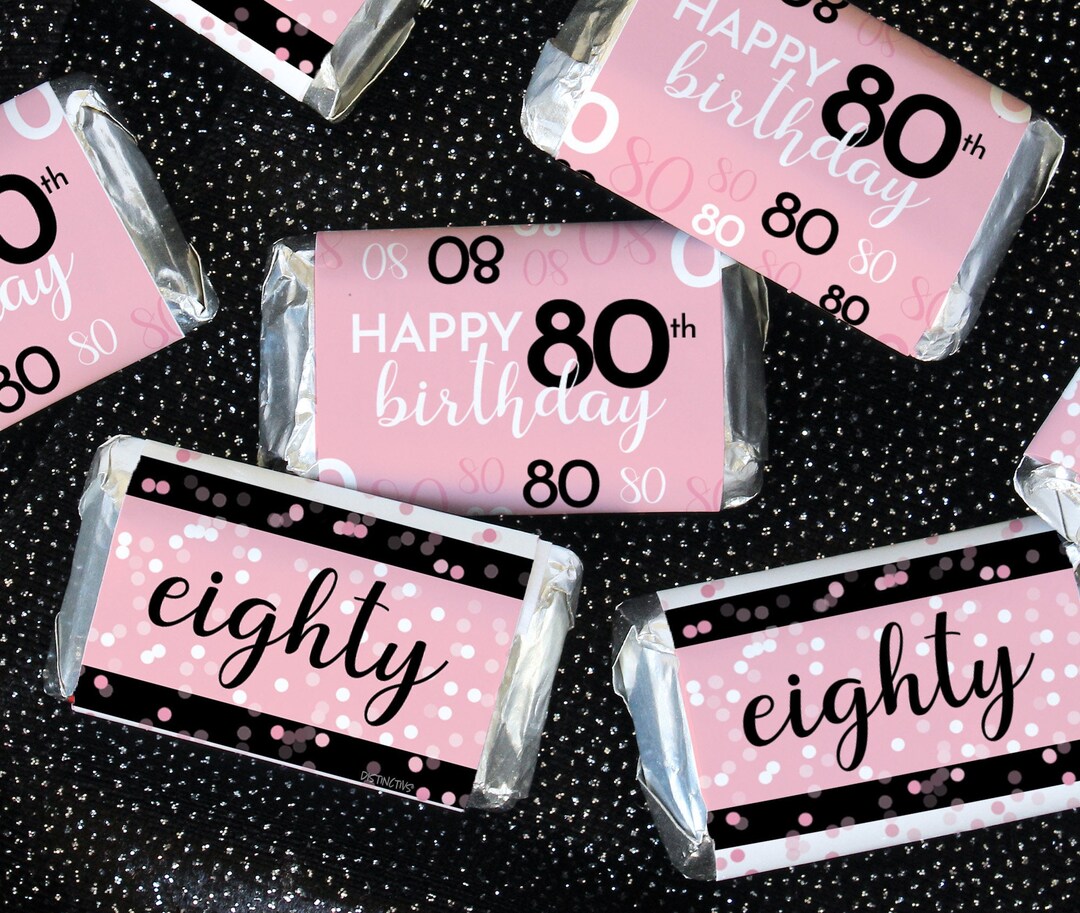 80th Birthday Party Favor Stickers - Pink and Black Mini Candy Bar ...