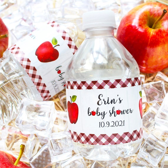 Personalized Apple Farmhouse Baby Shower Water Bottle Labels - Rustic Fall Table Decorations - Custom Gender Neutral Decorations - 24ct Il_570xn