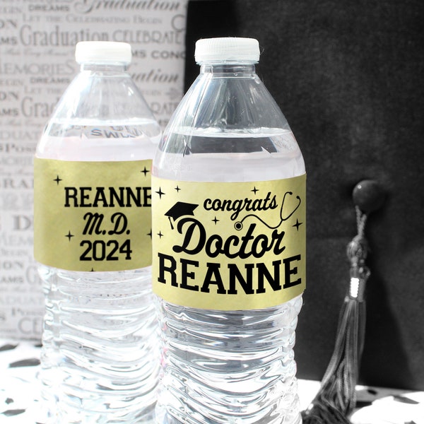 Personalized MD Degree Graduation Favors Water Bottle Labels, Medical Doctor Decorations Stickers, Class of 2024 Med School Grad Party Favor