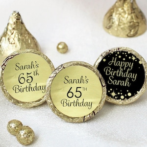 Personalized Black Gold Birthday Favor Stickers for Kiss Candies, Custom Foil Labels Name Age, 40th 50th 60th 65th 70th 80th 85th 90th 100th