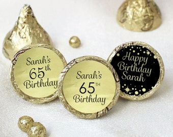 Personalized Black Gold Birthday Favor Stickers for Kiss Candies, Custom Foil Labels Name Age, 40th 50th 60th 65th 70th 80th 85th 90th 100th