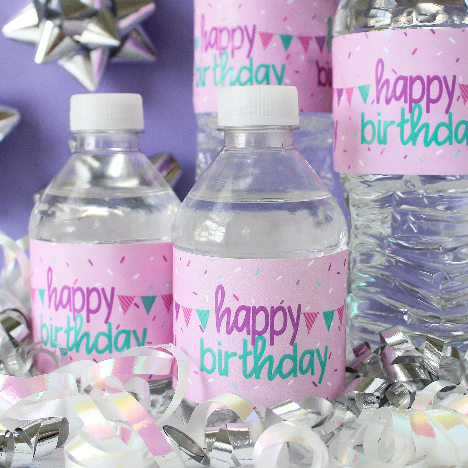 Happy Birthday Water Bottle Labels Girly Pink Purple Teal Etsy