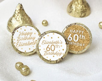 Personalized Birthday Party Stickers for Chocolate Kisses | Name and Age Favors White & Gold Decor 30th 40th 50th 60th 70th 80th 90th 100th